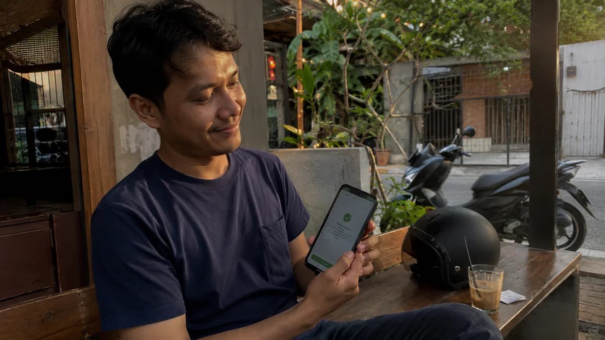 Nasabah Adira Finance sedang membayar angsuran lewat aplikasi BCA Mobile menggunakan Virtual Account, dengan helm motor di sampingnya